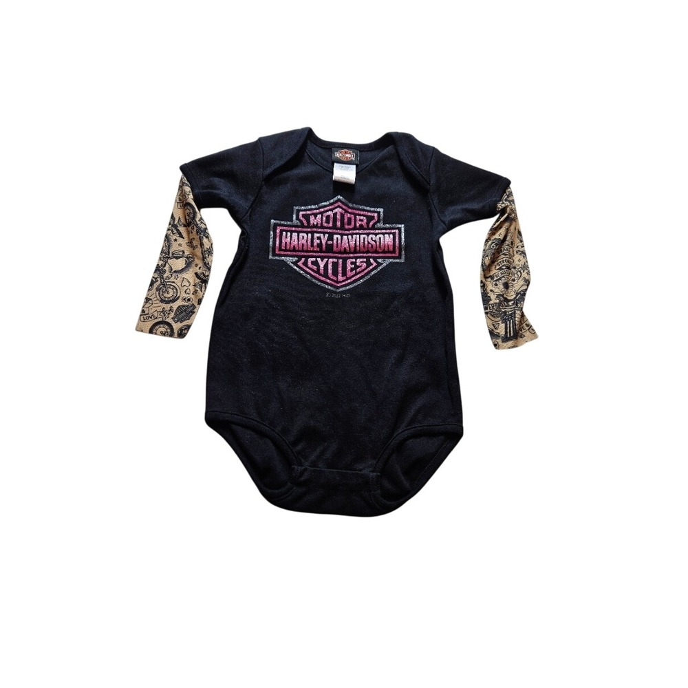 Harley-Davidson Baby Girls Black Pink Glitter Tattoo Sleeve Bodysuit 18/24M